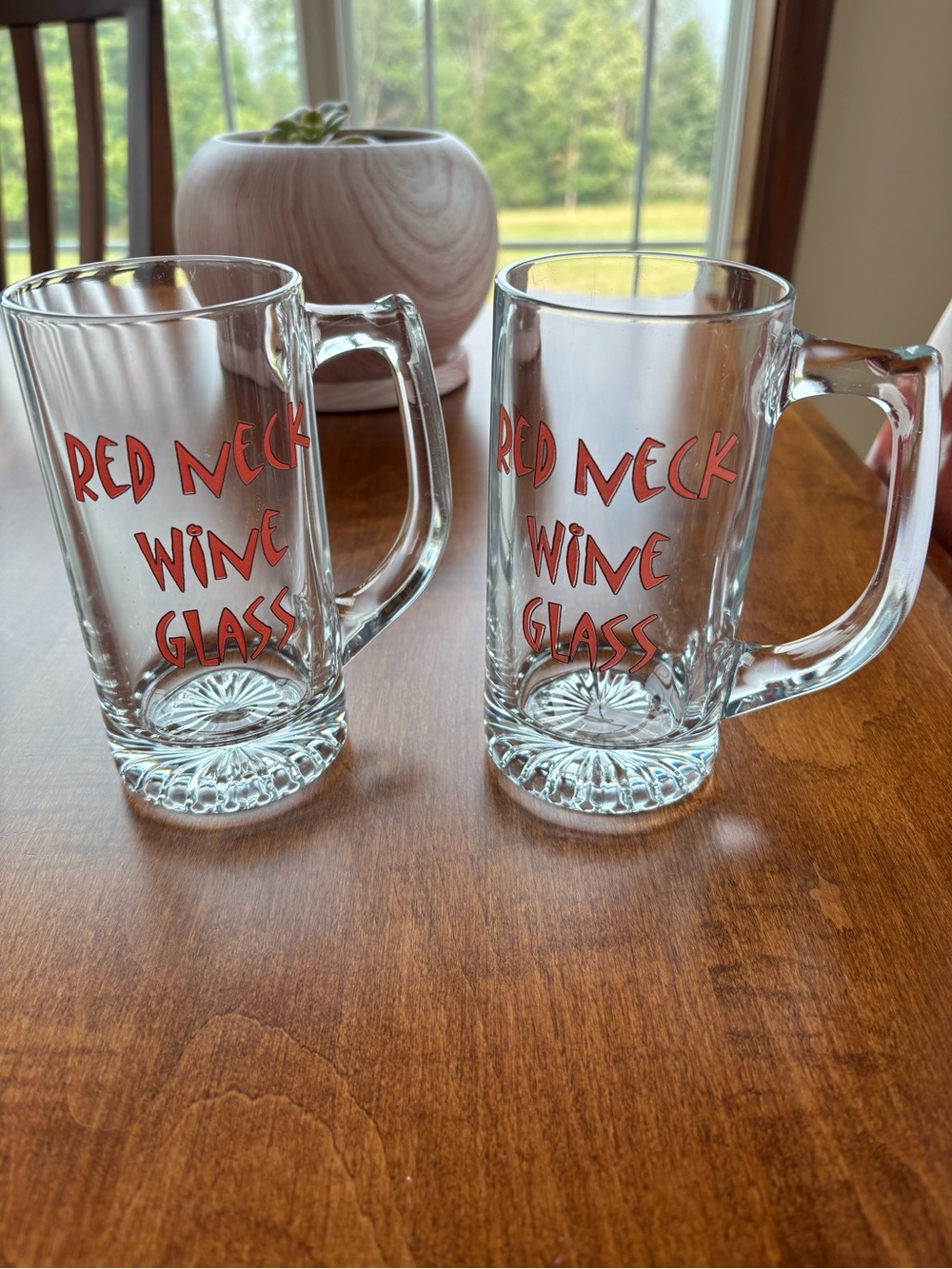 Novelty Clear Glass 'Red Neck Wine Glass' Beer Mug - Clear with Red Print